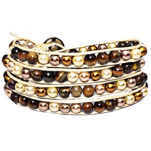 GOLDEN PEARLS WRAP Bracelet| Tiger Eye Gemstone Four Wrap Bracelet| Gold Leather Wrap Bead Bracelet| Ivory Gold Pearls Four Wrap