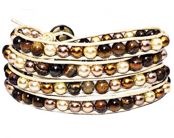 TIGER EYE PEARLS Four Wrap Bracelet| Tiger Eye Gemstone Bracelet| Gold Leather Four Wrap Bead Bracelet| Pearl Wrap Bracelet| Wrap Bracelet