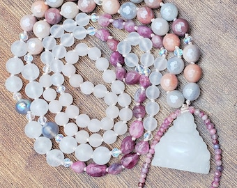 ENLIGHTENMENT + OPTIMISM + LOVE White Jade Buddha Mala| 108 Bead Hand Knotted Mala Necklace