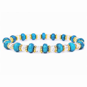 TEAL BLUE JADE Gemstone Bracelet| Swarovski Clear Crystal Beaded Bracelet| Teal Jade Gold and Crystal Stackable Beaded Bracelet
