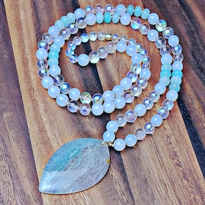 STRENGTH + PROTECTION + CLARITY Mala Necklace| Blue Dragon Vein Agate Stone Pendant Mala Necklace| Crystal Quartz Opalite Blue Jade Mala