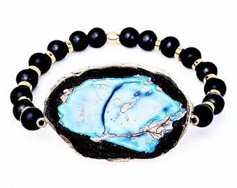 Agate Stone Bracelet | Black Onyx Beaded Bracelet, Gold Leaf
