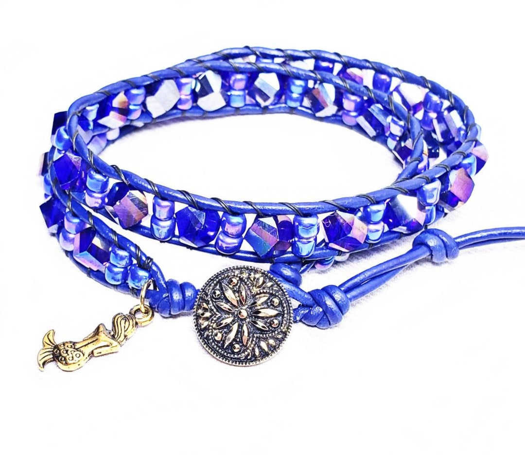 BLUE CRYSTAL IRIDESCENCE Double Wrap Bracelet Blue Greek Leather Double