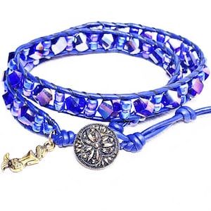 BLUE CRYSTAL IRIDESCENCE Double Wrap Bracelet| Blue Greek Leather Double Wrap Bracelet| Aurora Borealis Blue Crystal Wrap Bracelet