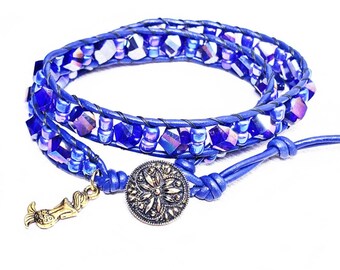 BLUE CRYSTAL IRIDESCENCE Double Wrap Bracelet| Blue Greek Leather Double Wrap Bracelet| Aurora Borealis Blue Crystal Wrap Bracelet