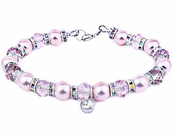 Pulsera de perlas rosas / Charm de cristal Swarovski, plata de ley