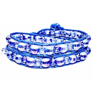 Women’s “SPARKLE ON” Sparkling Blue Swarovski Crystal Double Wrap Bracelet| Cobalt Blue Greek Leather Double Wrap| Blue Crystal Double Wrap