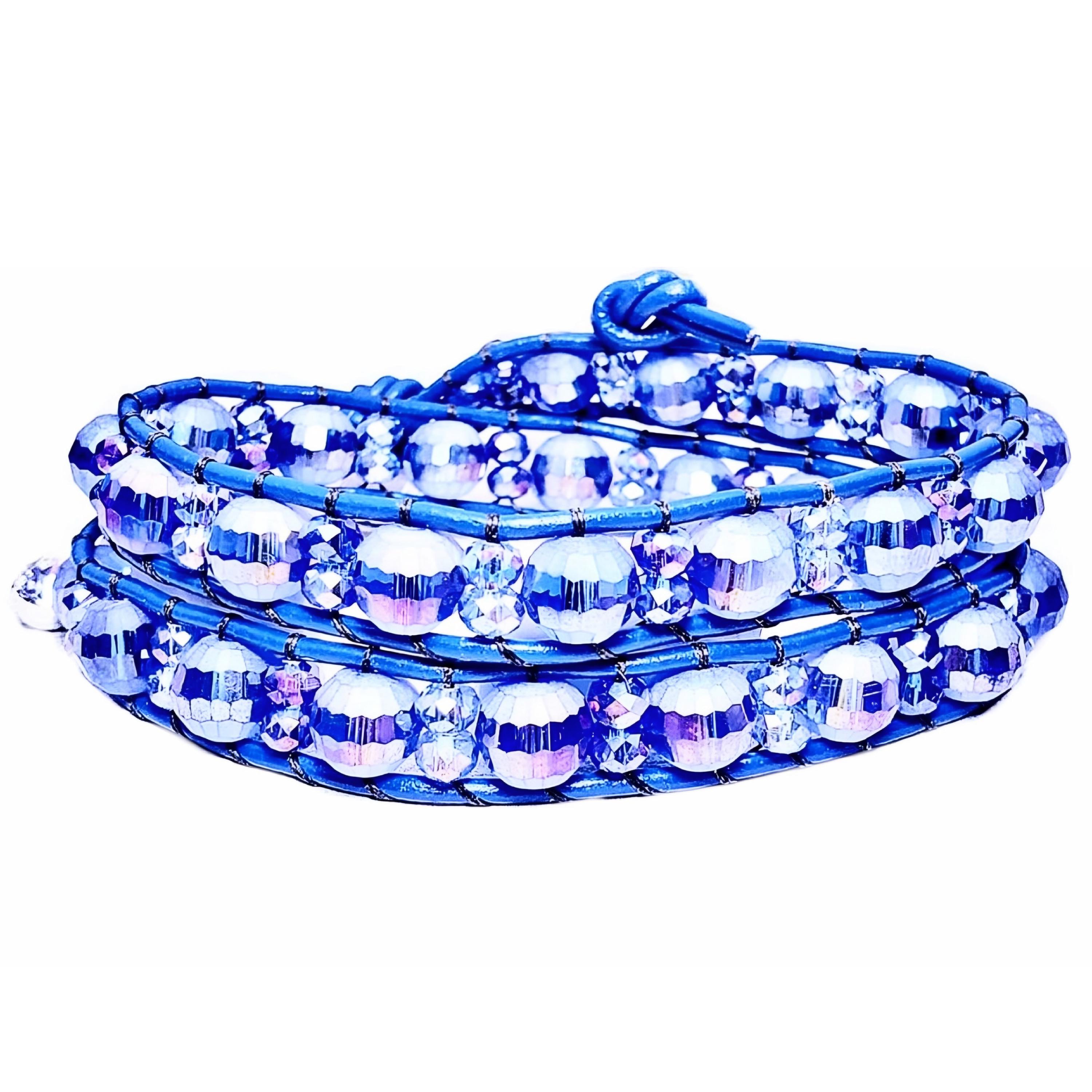 Women’s “SPARKLE ON” Sparkling Blue Swarovski Crystal Double Wrap Bracelet| Cobalt Blue Greek Leather Double Wrap| Blue Crystal Double Wrap