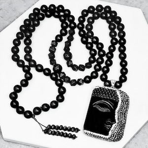 TRIPLE PROTECTION 108 Bead Mala Necklace| Black Onyx Pavé Black Obsidian Buddha Pendant Mala Necklace| Hand-knotted Mala Necklace
