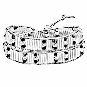 Women’s “ZELDA” Crystal Column Bracelet| Silver Crystal Column Black Swarovski Crystals Silver Filigree Double Wrap| Silver Leather