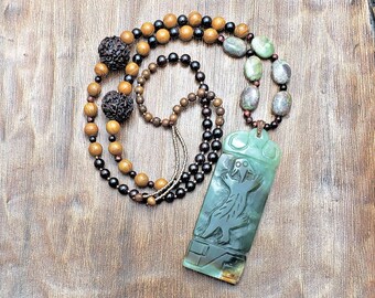 CREATIVITY + PASSION + PEACE Crouching Dragon Serpentine Mala| 108 Bead Handknotted Mala Necklace| Rudraksha Seed Mala