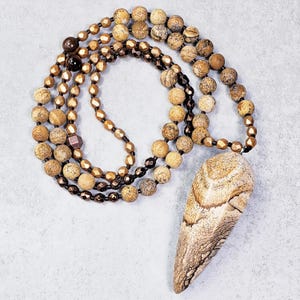 PICTURE JASPER STONEPOINT Pendulum Pendant Necklace| Gold Bronze Hematite Picture Jasper Gemstone Necklace| Long Beaded Necklace