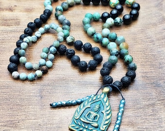 African Turquoise Mala Necklace | Lava Stone, Buddha Pendant