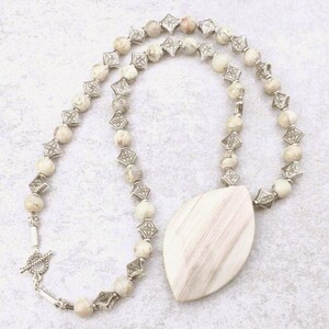 African White Opal Necklace | Wood Opalite Pendant, Pewter Beads