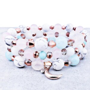 Rose Gold White Howlite Pink Aqua Quartz Gemstone Bracelet Stack|Rose Gold Crescent Moon Charm Bracelet|Rose Gold Czech Crystal Bracelet Set