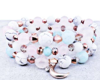 Rose Gold Gemstone Bracelet Stack | Howlite, Quartz, Moon Charm