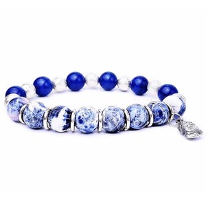 Silver Buddha Charm Bead Bracelet| Blue Jade Sodalite  Gemstone Bracelet| Spiritual Bracelet| Blue Silver Bead Bracelet| Stackable Bracelet