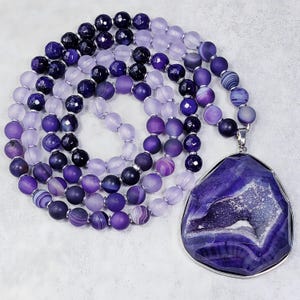 SELF EMPOWERMENT Mala Necklace| Amethyst Purple Druzy Stone Pendant Necklace| Amethyst Purple Banded Agate Matte Lavender Quartz