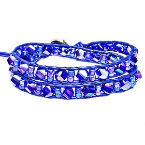 Double Wrap Leather Bracelet| Cobalt Blue Purple Czech Crystal Wrap Bracelet| Cobalt Blue Leather Wrap Bracelet| Blue Wrap Bracelet