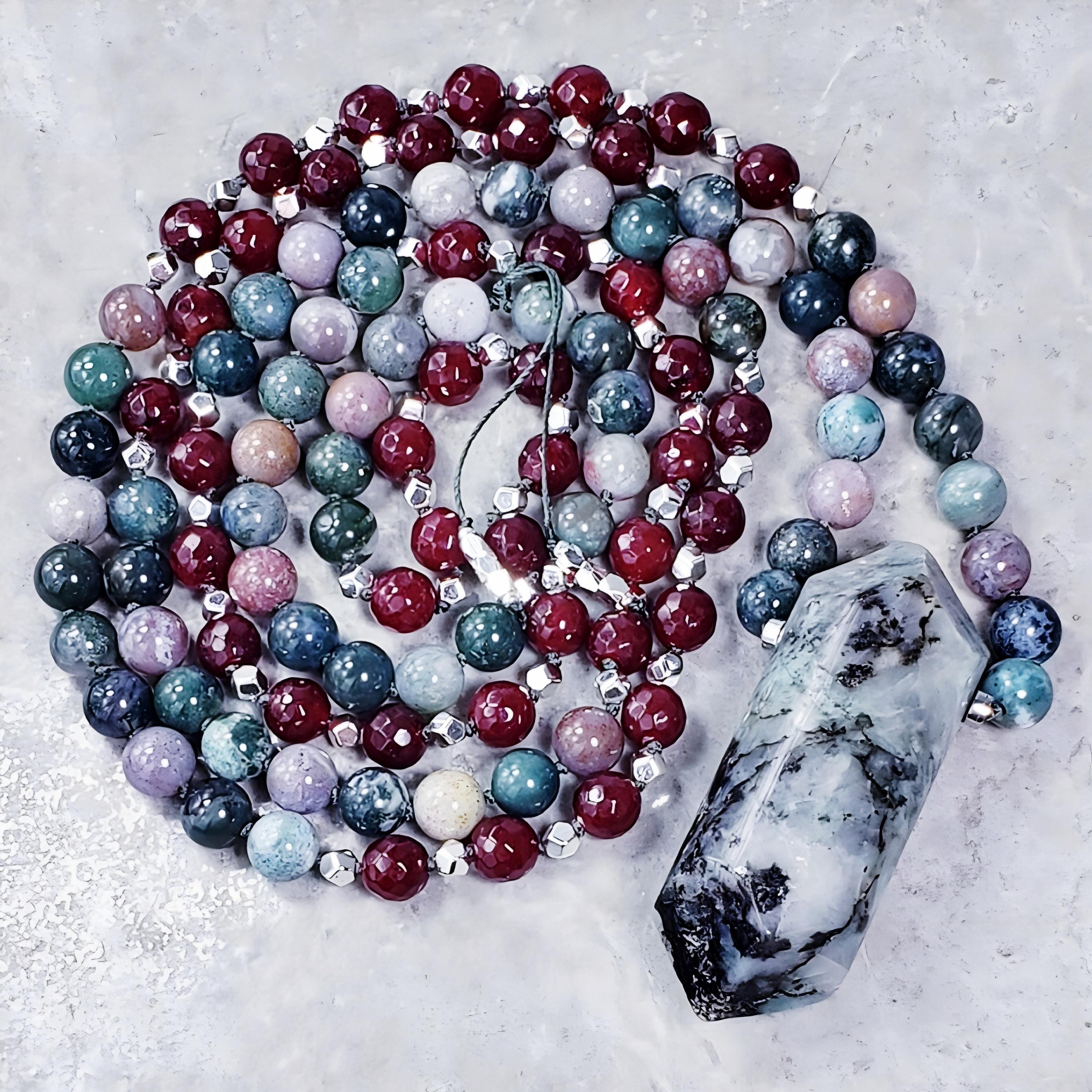 FUERZA + ÉXITO + PROTECCIÓN Mala de 108 cuentas/Mala anudado a mano/Punta de piedra con doble terminación esmeralda/Ágata india/Jade rubí