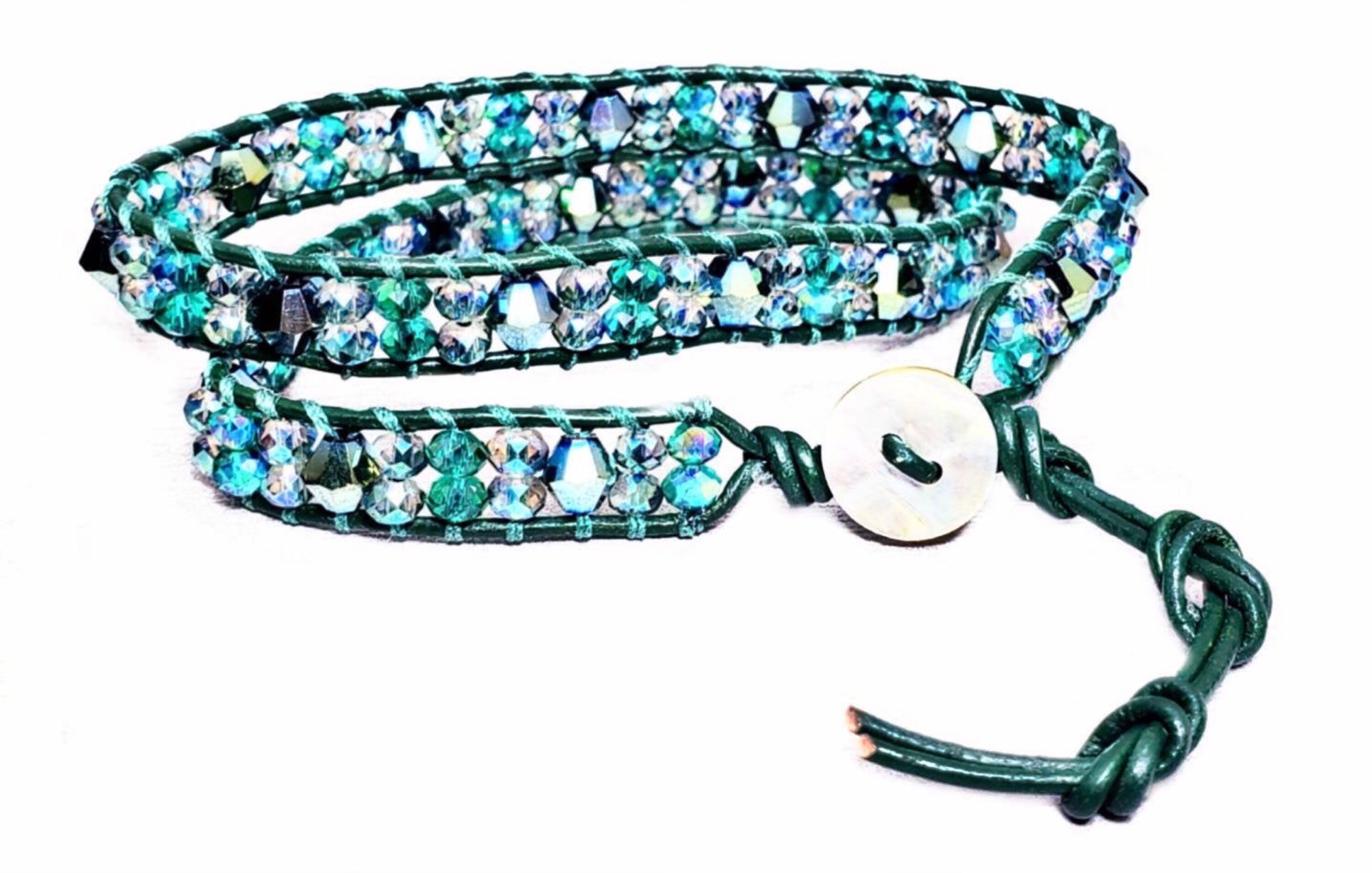 Double Wrap Leather Bracelet Emerald Green Swarovski Crystal Etsy