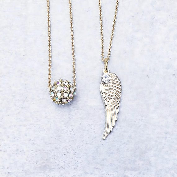 Layering Necklaces| Gold Rhinestone Ball Necklace| Gold Angel Wing Necklace| Gold Delicate Necklaces| Minimalist Necklaces| Necklace Set