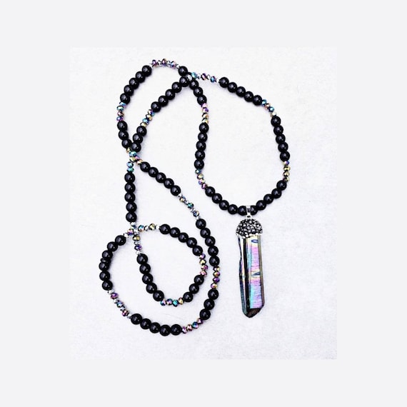 Rainbow Titanium Crystal Quartz Pendant Necklace Long Black Etsy