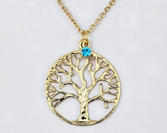 Tree of Life Necklace| Personalized Tree of Life Necklace| Birthstone and Initial Charm Tree of Life Necklace| Gold Tree of Life Necklace