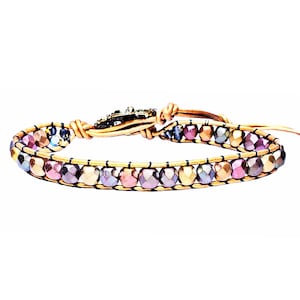 GOLDEN AUTUMN Wrap Leather Bracelet| Metallic Gold Greek Leather Wrap Bracelet| Purple Gold Fuchsia Czech Crystal Wrap Bracelet