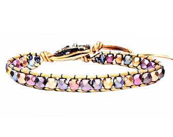 Golden Autumn Czech Crystal Wrap Bracelet | Metallic Gold Leather