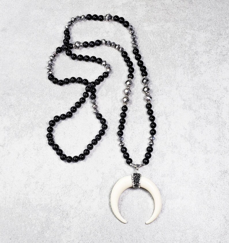 Double Crescent Horn Pendant Necklace Long Beaded Necklace Etsy