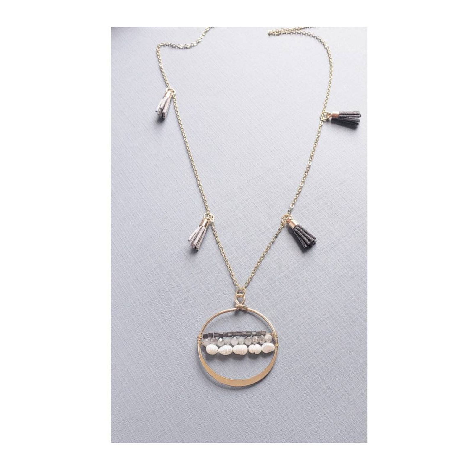 Long Gold Beaded Circle Pendant Necklace Tiny Tassels Etsy