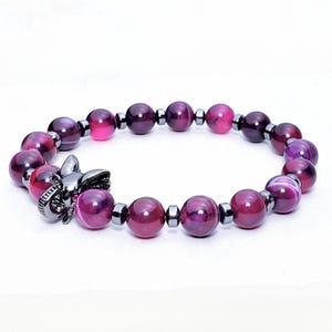 Pavé Cubic Zirconia Silver Feng Shui Elephant Bracelet| Fuchsia Purple Banded Agate Hematite Gemstone Bracelet|Feng Shui Agate Bead Bracelet