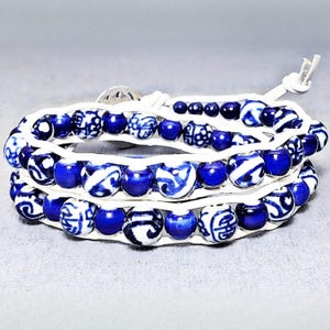 PORCELAIN BLUE Double Wrap Bracelet| White Greek Leather Double Wrap Bracelet| Blue & White Porcelain Double Wrap Bracelet