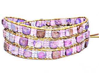 JASPER TILE Triple Wrap Bracelet| Lavender Purple Imperial Jasper Gemstone Tile Three Wrap Bracelet| Gold Leather Wrap Bracelet