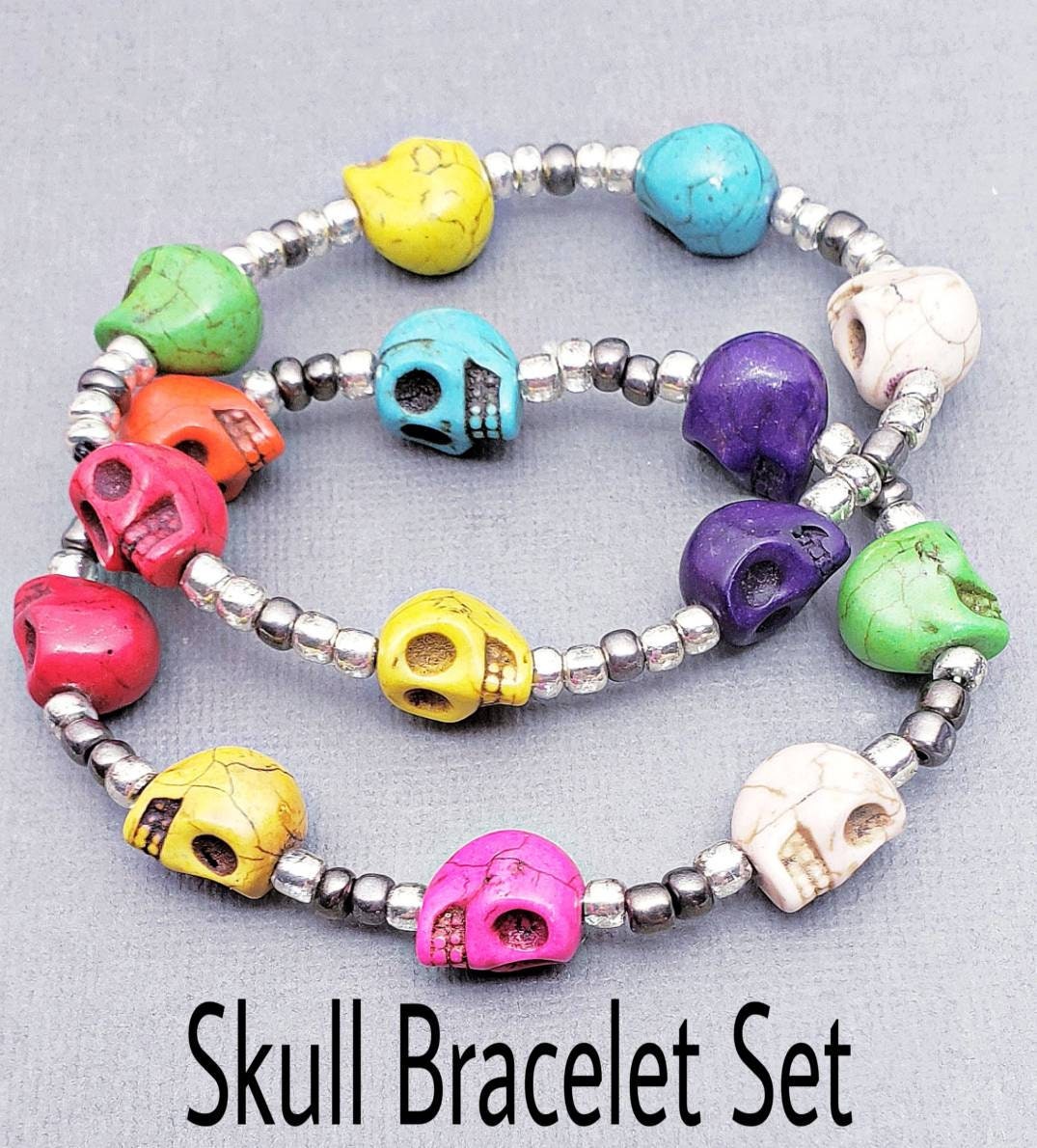 Skull Bracelet Multicolored Skull Bead Bracelet Gemstone Etsy