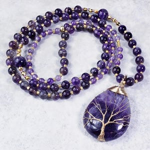 AMETHYST TREE of LIFE Pendant Necklace| Amethyst Gold Hematite Necklace| Amethyst Gemstone Long Beaded Necklace| Gold Tree of Life