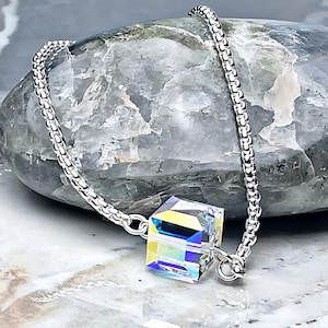 SWAROVSKI CRYSTAL CUBE Necklace| Aurora Borealis Crystal Cube| Silver Stainless Steel Box Chain| Swarovski Crystal Necklace