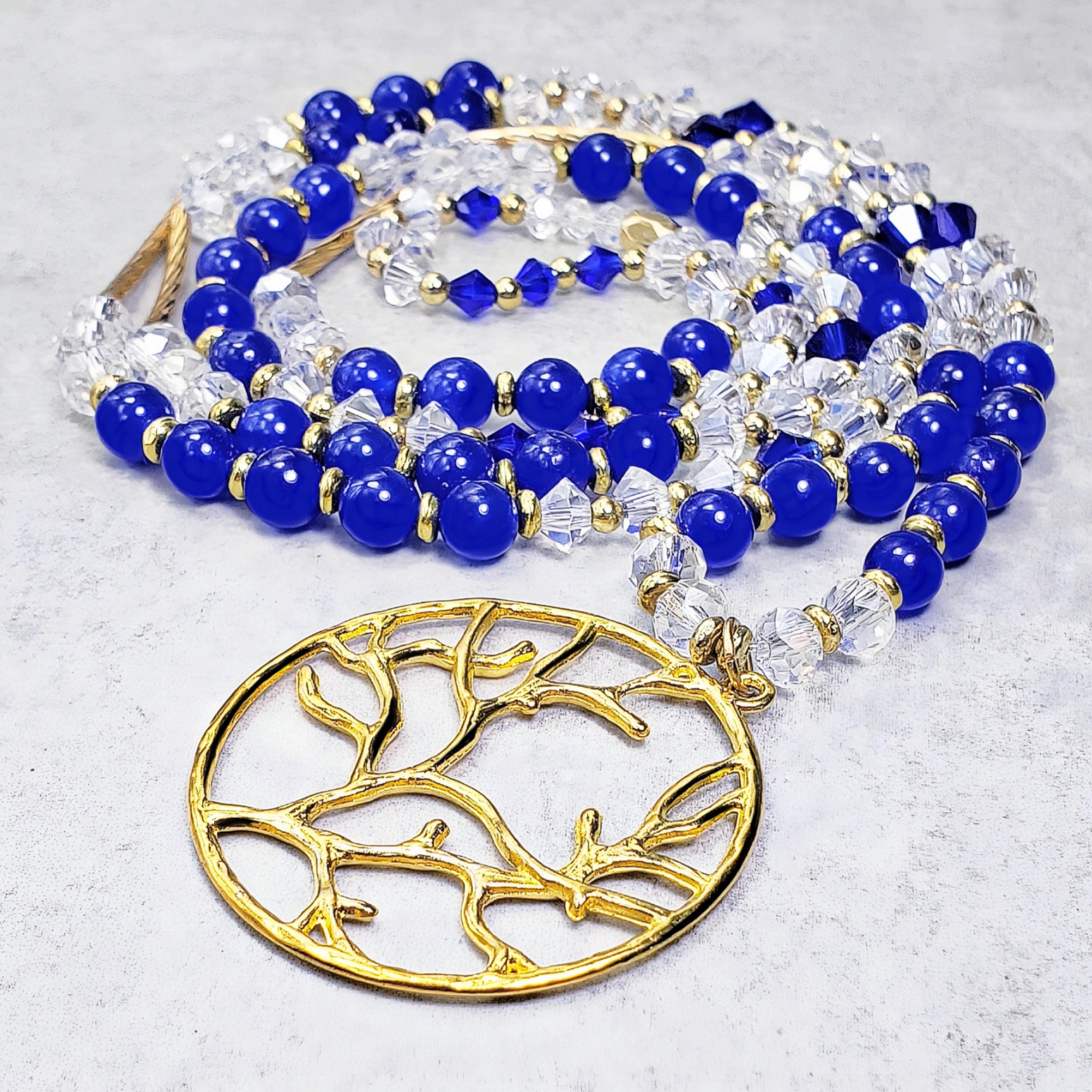 TREE OF LIFE Golden Beaded Necklace| Long Tree of Life Pendant Necklace| Cobalt Blue Aventurine Clear Swarovski Crystal Necklace