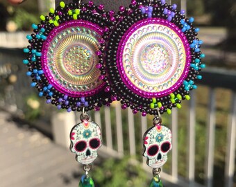 Beaded Neon & Black Skull Earrings