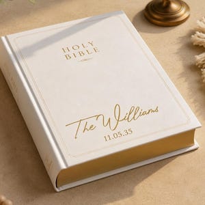 Personalized Bible NIV, Custom White Hardcover Family Keepsake with Gold Edges