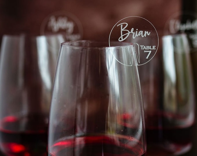 Personalized Wedding Drink Tags With Pressure Clip. Party Drink Tag Engraved Circles, Cocktail