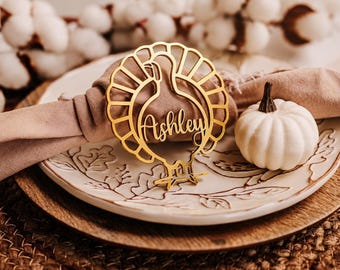 Mirror Gold Turkey Place Cards, Personalized Acrylic Name Tags, Thanksgiving Fall Wedding Decor