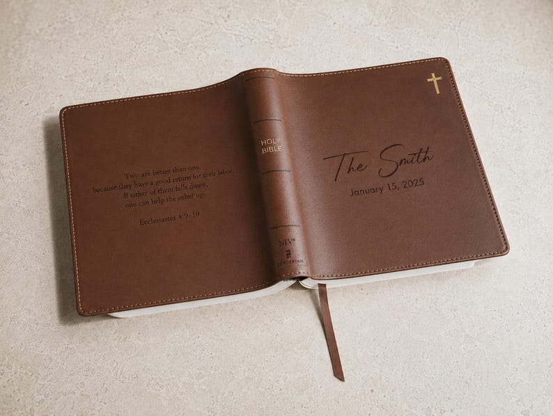 Custom Bible wedding guest book personalized with the couple’s name, ideal as a religious wedding gift, baptism gift, or family Bible.