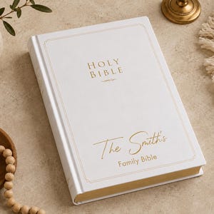 Custom family Bible professionally UV printed on a white hardcover NIV Family Bible with vibrant full-color customization that will not peel or fade. Personalized Bible makes a beautiful wedding Bible, baptism Bible, family keepsake, anniversary Bible, custom Bible cover, heirloom Bible, and meaningful Christian home décor.