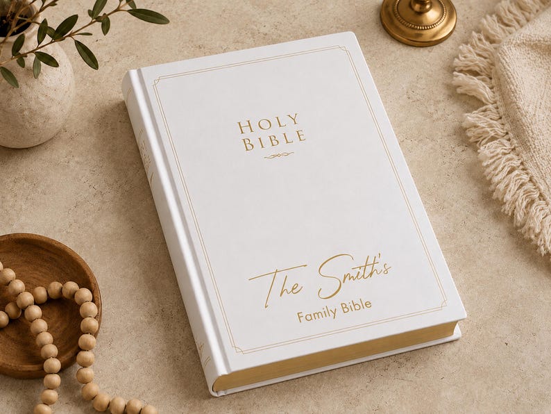 Custom family Bible professionally UV printed on a white hardcover NIV Family Bible with vibrant full-color customization that will not peel or fade. Personalized Bible makes a beautiful wedding Bible, baptism Bible, family keepsake, anniversary Bible, custom Bible cover, heirloom Bible, and meaningful Christian home décor.