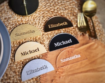 Half Circle Place Cards, Wedding Place Tag, Wooden Name Tags, Acrylic Place Setting, Birthday Laser Cut Names, Event Table Decor, Name Plate