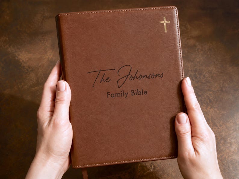 Personalized NIV family Bible with custom name, leatherette cover, and elegant design for a wedding Bible guest book and family keepsake.