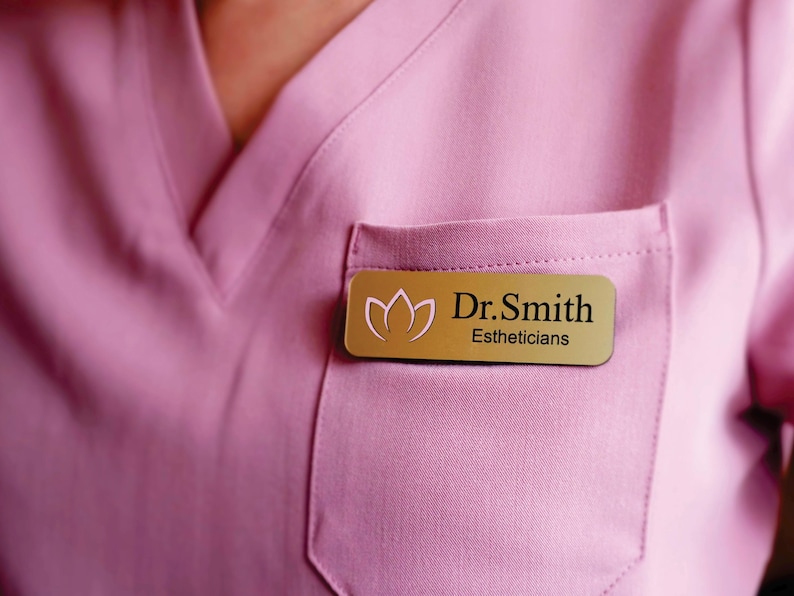 Custom employee name tags with UV-printed company logos in full color. Professional acrylic magnetic badges for staff identification in offices, hospitals, salons, and trade shows. Durable, waterproof, and scratch-resistant name plates.
