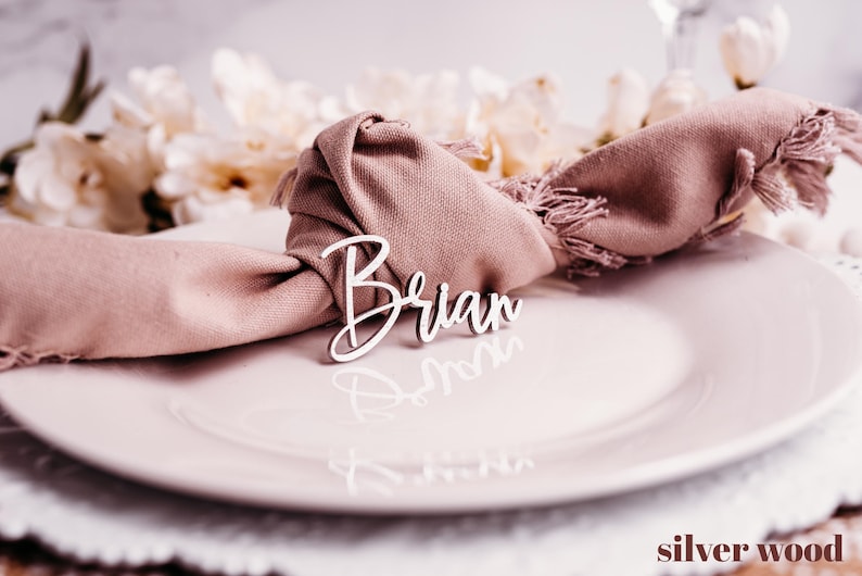 silver wood wedding name tags
name tags
wood name card
name place cards
name cards wedding
name place setting
wooden names
wedding place cards
bachelorette party
wedding favors decor 
name plate laser cut names birthday rehersal dinner bridal shower